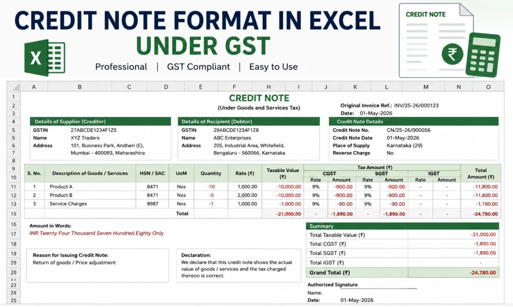 Credit Note Format in Excel Under GST