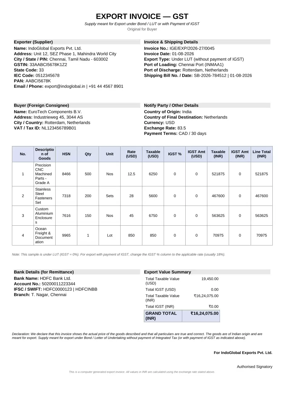 GST export invoice format