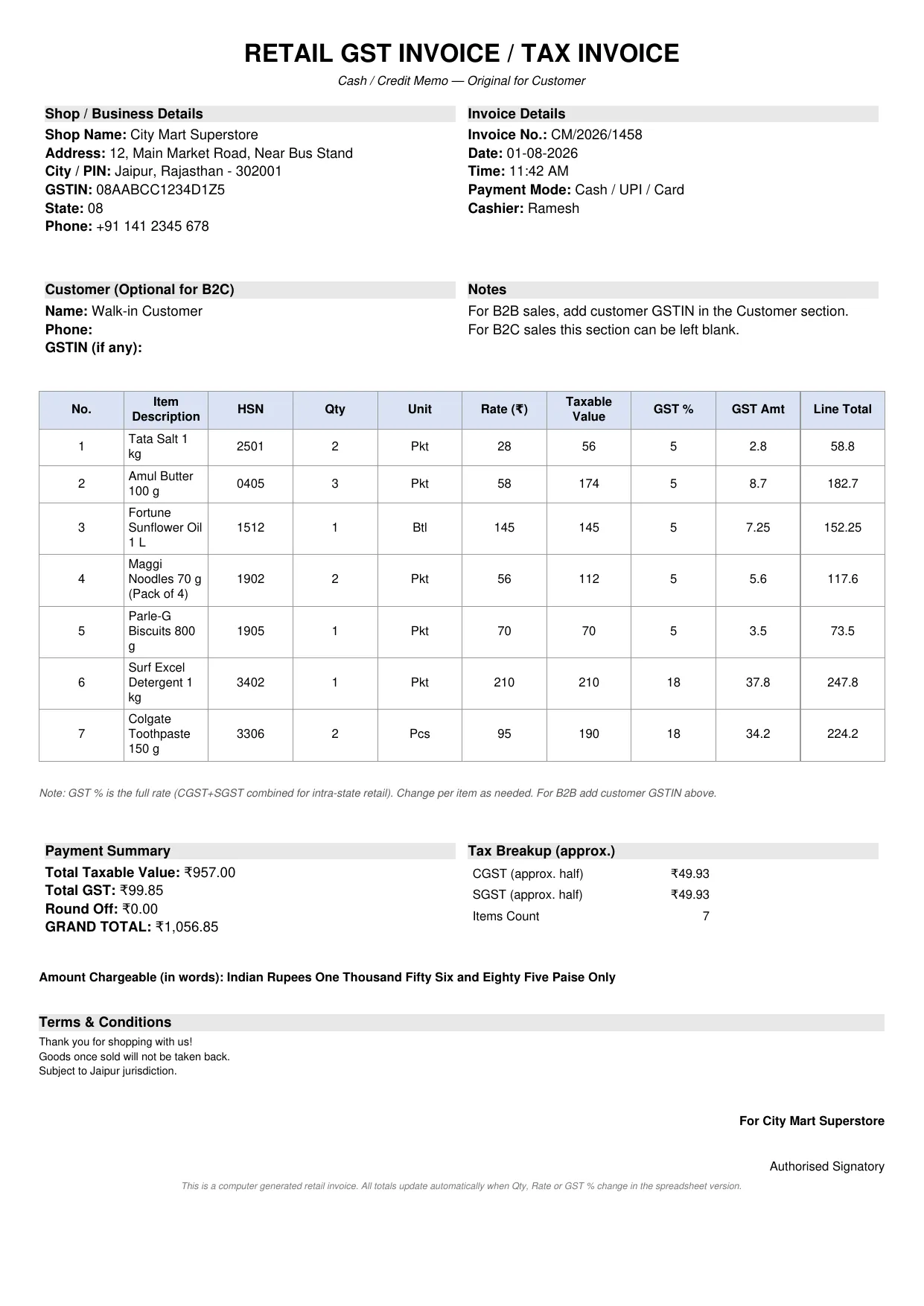 Retail GST invoice format