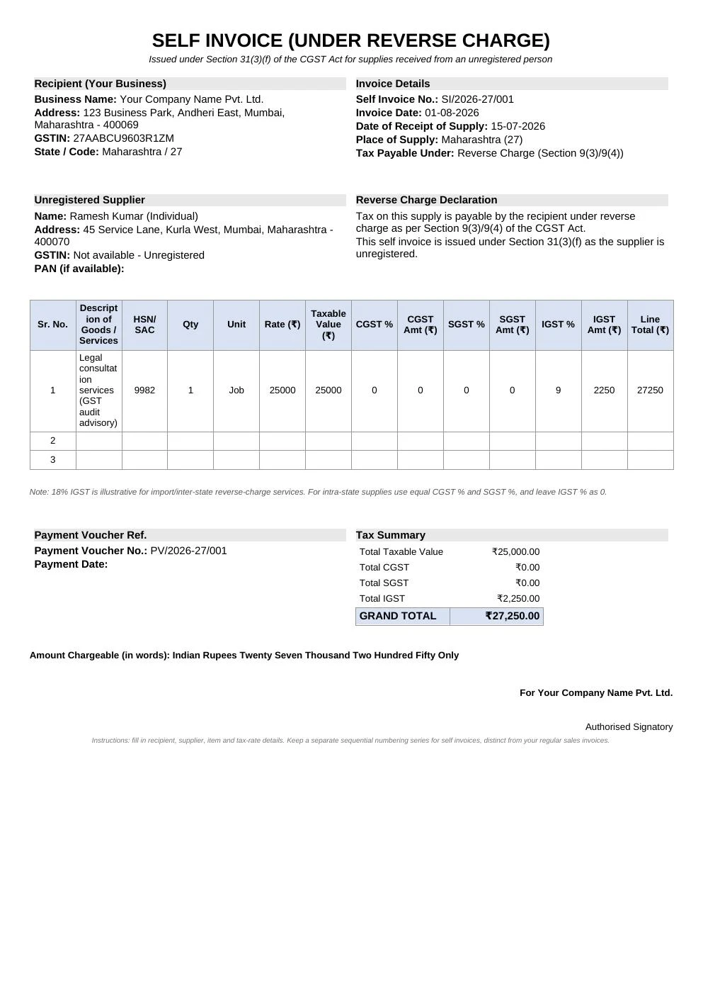 Self Invoice Under GST Format