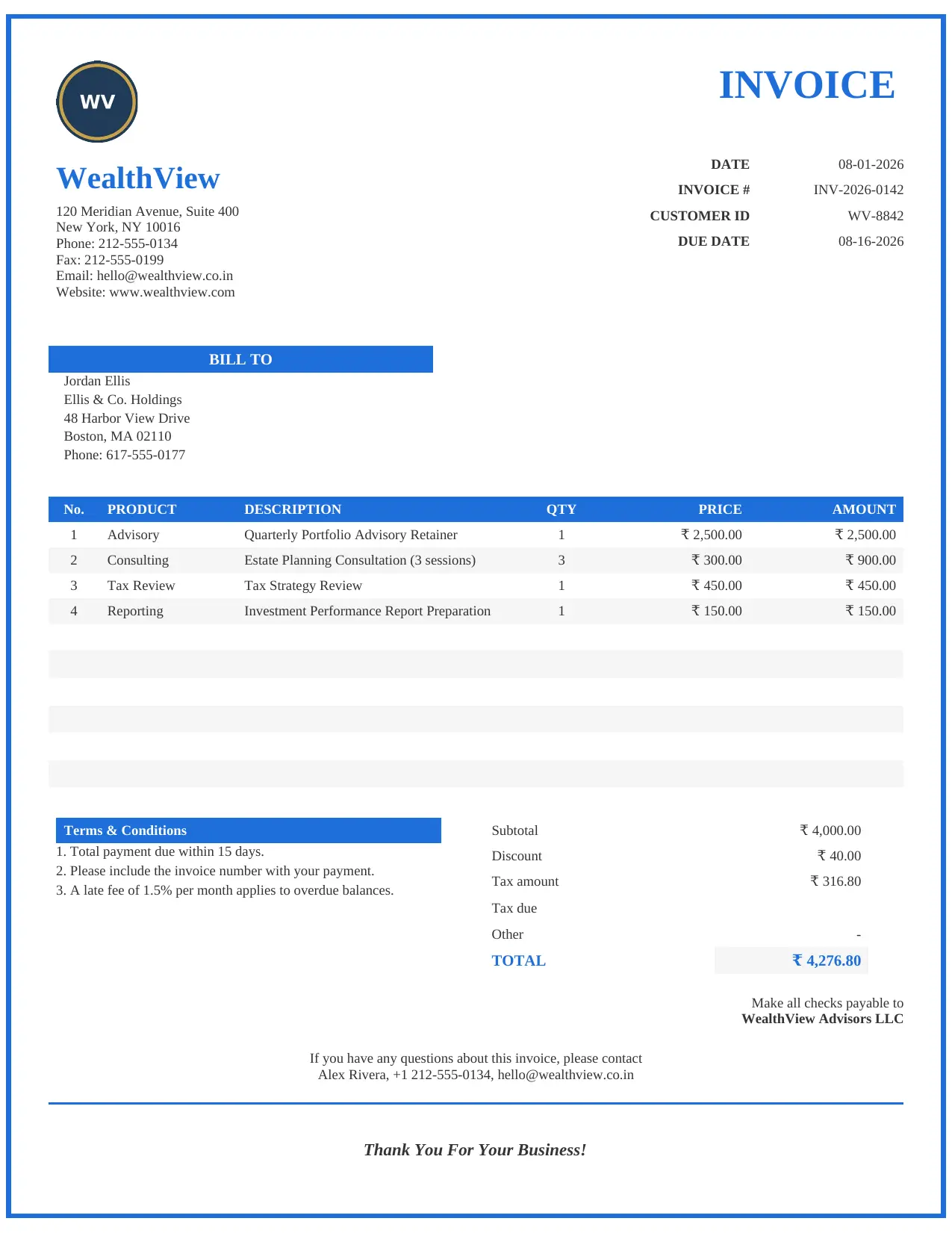 Service and professional invoice format